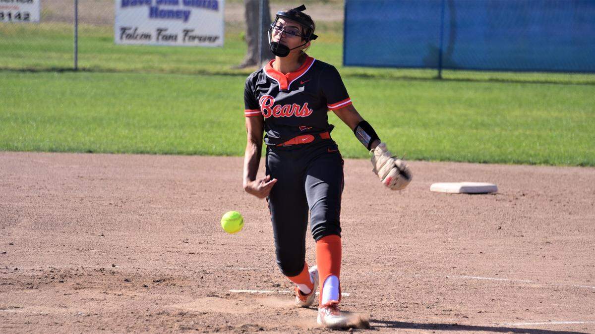 Merced High senior Melody Gomez first a pitch during a 1-0 victory over Atwater on Tuesday, April 12, 2022 at Atwater High School in Atwater, Calif.