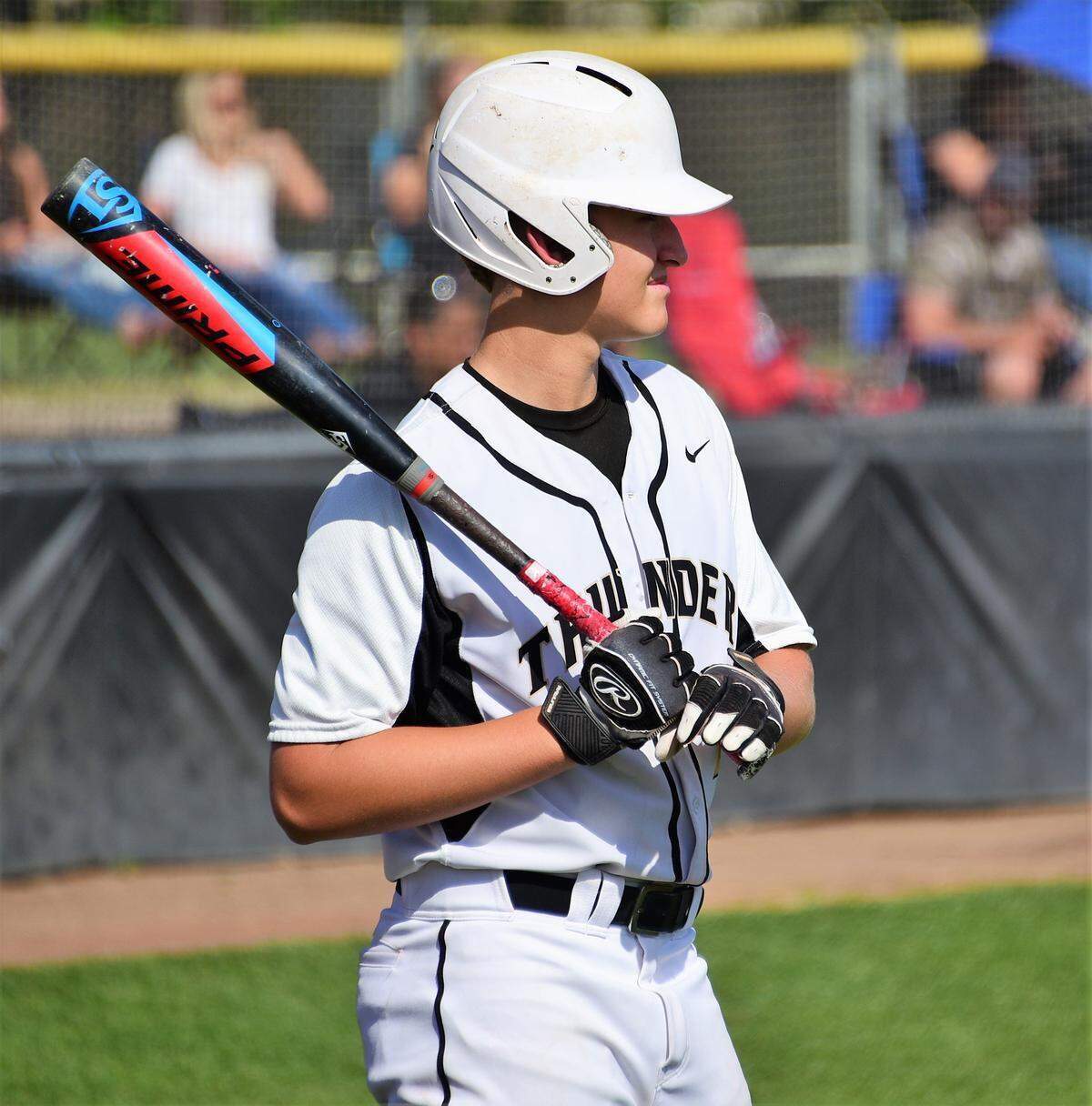 Buhach Colony sophomore Jake Sapien waits to hit on deck during the Thunder’s 13-5 win over Golden Valley on Tuesday, May 7, 2019. Sapien recently verbally committed to accept a baseball scholarship to Stanford University.