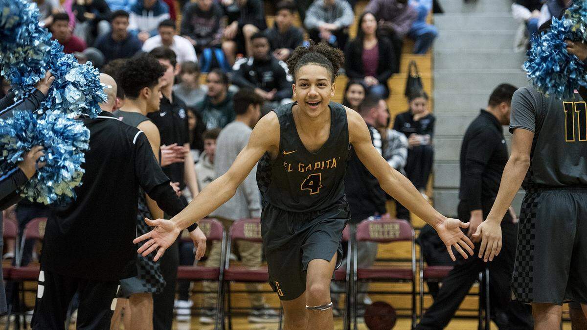 El Capitan senior Marcus McCutchen (4) takes the court during player introductions during a game against Golden Valley at Golden Valley High School in Merced, Calif., on Wednesday, Jan. 23, 2019.