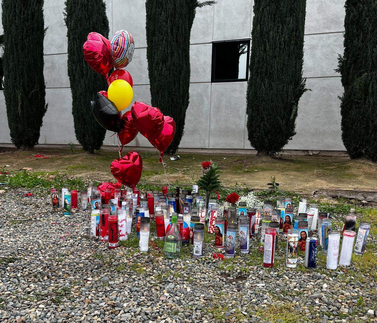 A makeshift memorial for one of the two teenage boys killed in Monday’s shooting is seen outside the Merced Urology Medical Group building on E. 13th Street on Wednesday, Jan. 21, 2026.