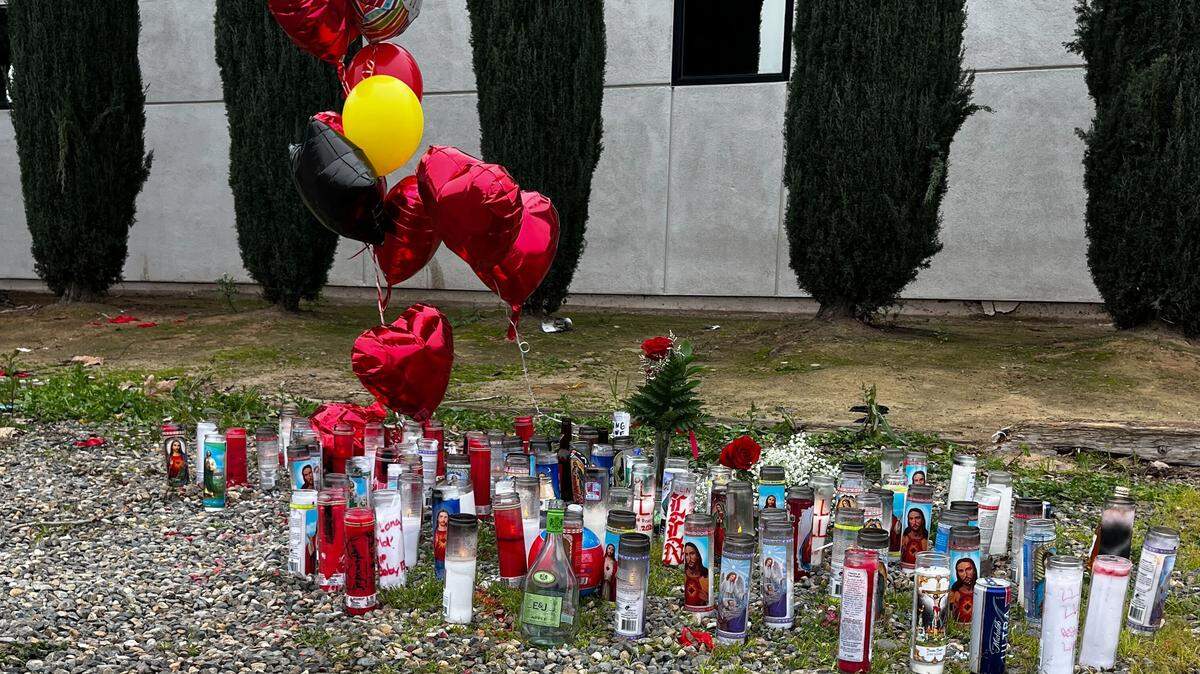 A makeshift memorial for one of the two teenage boys killed in Monday’s shooting is seen outside the Merced Urology Medical Group building on E. 13th Street on Wednesday, Jan. 21, 2026.