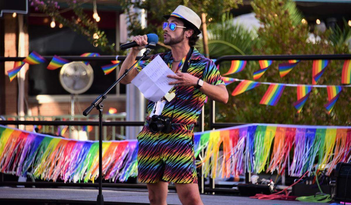 Speaker Adam Lane address the crowd during Pride Fest in Downtown Merced on Saturday, Sept. 17, 2022.
