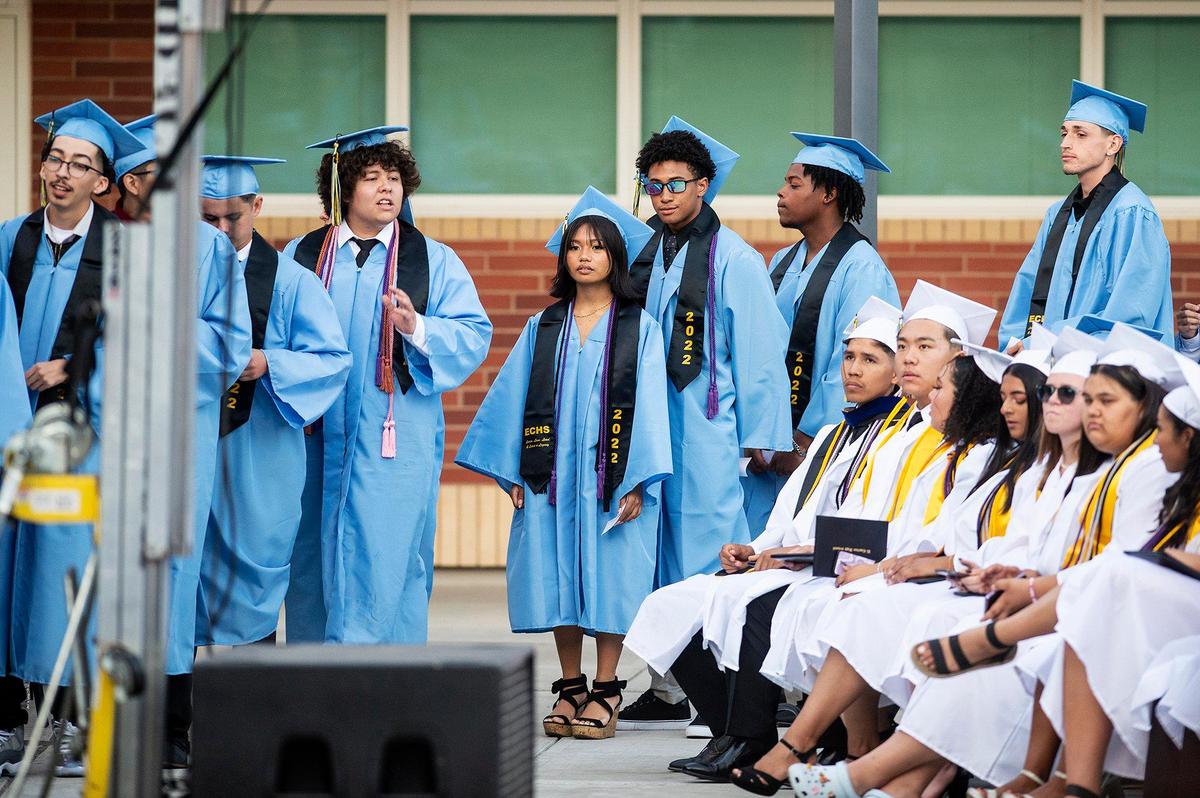 Graduates line up to walk on stage during a commencement ceremony for the El Capitan High School class of 2022 on the El Capitan High School campus in Merced, Calif., on Thursday, June 2, 2022.