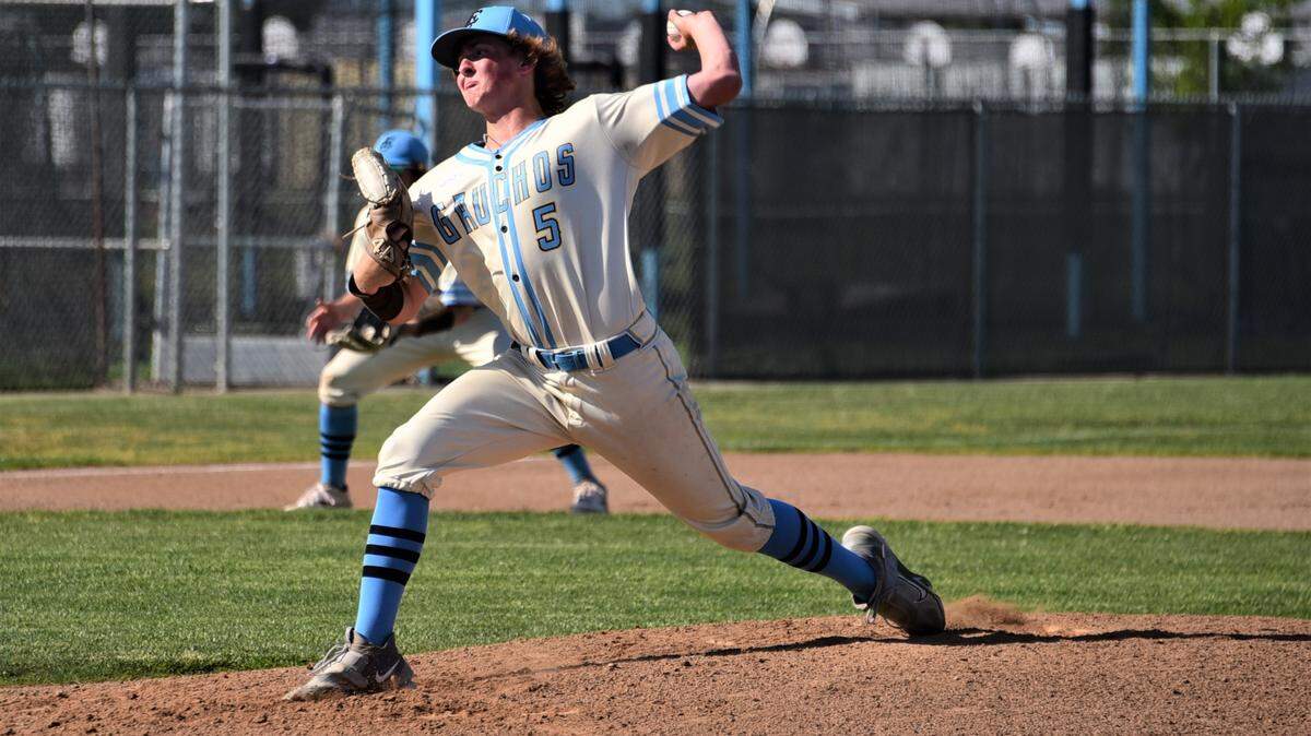 El Capitan High School senior left-hander Andrew Bakken delivers a pitch during his one-hit, 11-0 victory over Escalon on Thursday, April 27, 2023 at El Capitan High School.