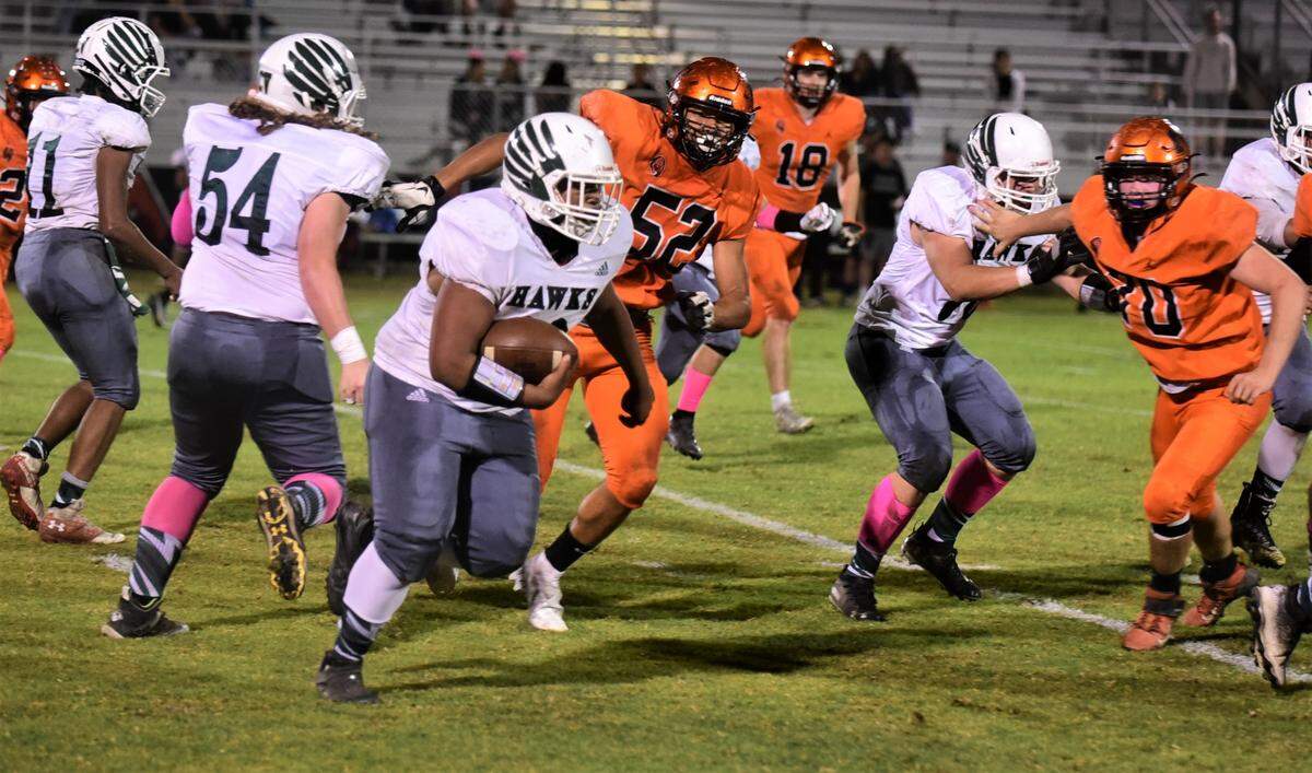 Central Valley running back Elijah Jackson (89) runs the ball against Merced on Friday, Oct. 21, 2022 at Cathie Hostetler Stadium at Merced High School.