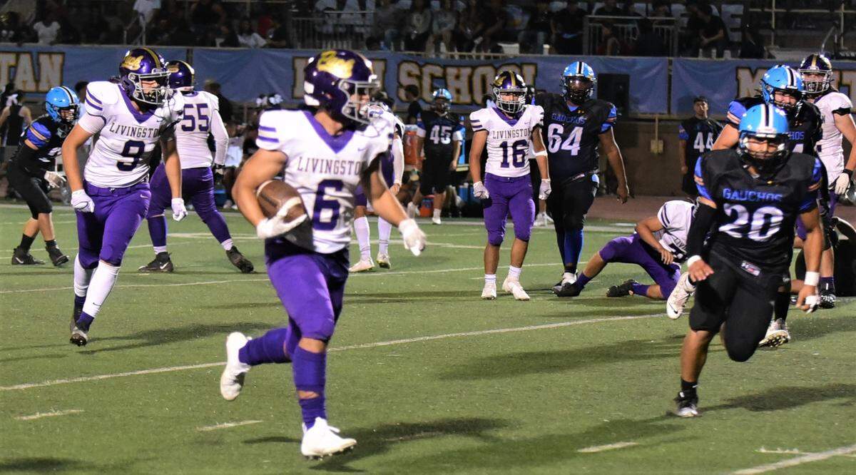 Livingston High School senior running back Carlos Baez runs free against El Capitan during the Wolves’ 48-20 win on Friday, Sept. 9, 2022 at Veterans Stadium in Merced, Calif.