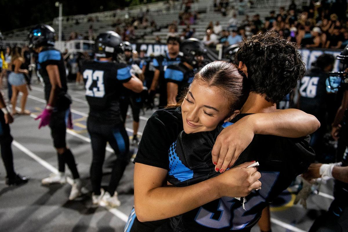 El Capitan football players and students celebrate a 34-0 win over Beyer at Stadium 76 in Merced, Calif., on Friday, Sept. 6, 2024.