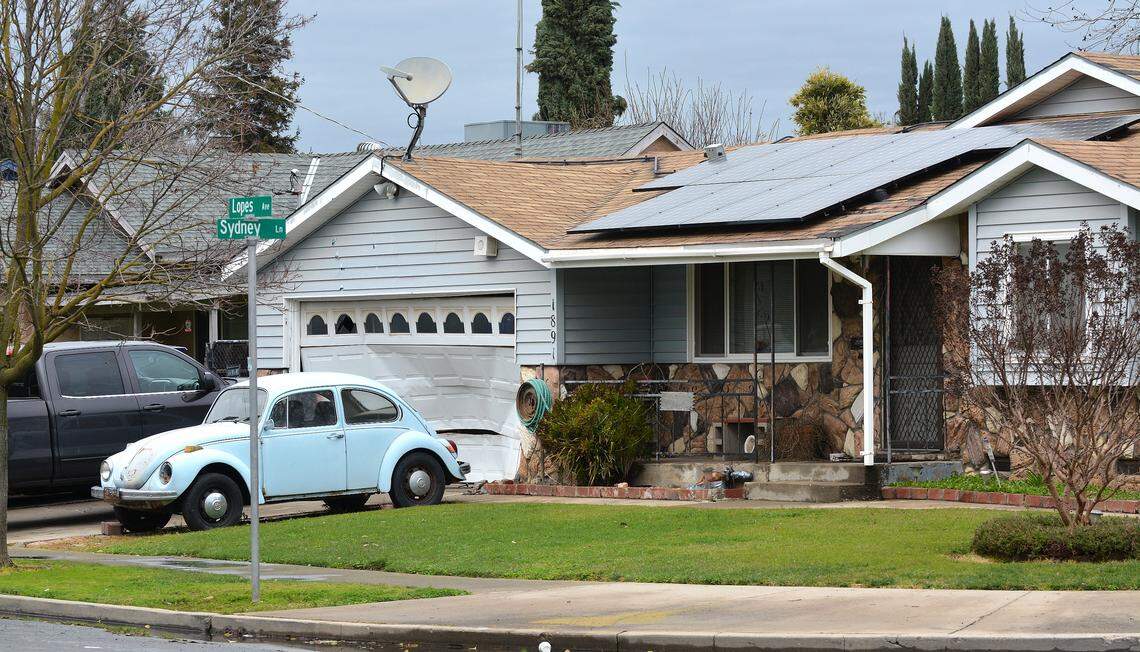 A former Dos Palos police officer, John Mathis, died after a standoff with law enforcement officials Tuesday, Feb. 12, 2019, at his current or former home on the corner of Lopes Avenue and Sydney Lane, sources said. During the standoff, Mathis reportedly ran a vehicle into the home’s garage, pictured here.