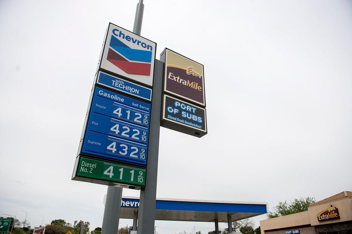 Gas prices are displayed on a sign at the Chevron gas station near the intersection of East Main Street and Highway 140 and in Merced, Calif., on Thursday, April, 11, 2019.