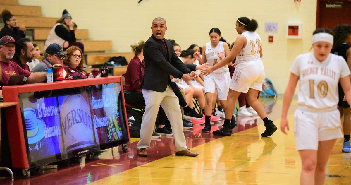 Golden Valley coach Hector Nava reacts to a call during a game against El Capitan on Thursday, Jan. 23, 2020 at Cougar Arena.
