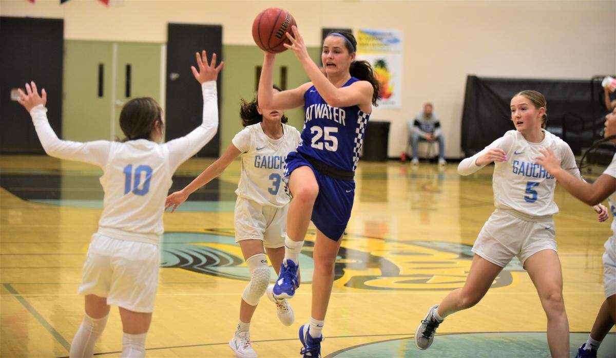 Atwater High School sophomore Karissa Hukill (25) looks to pass while driving to the basket against El Capitan during a game on Thursday, January 12, 2023.