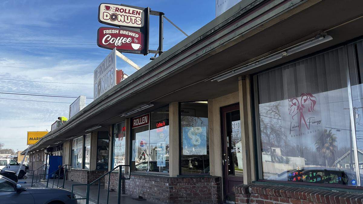 The outside of Rollen Donuts is pictured in Merced, Calif., on Monday, Feb. 23, 2026.