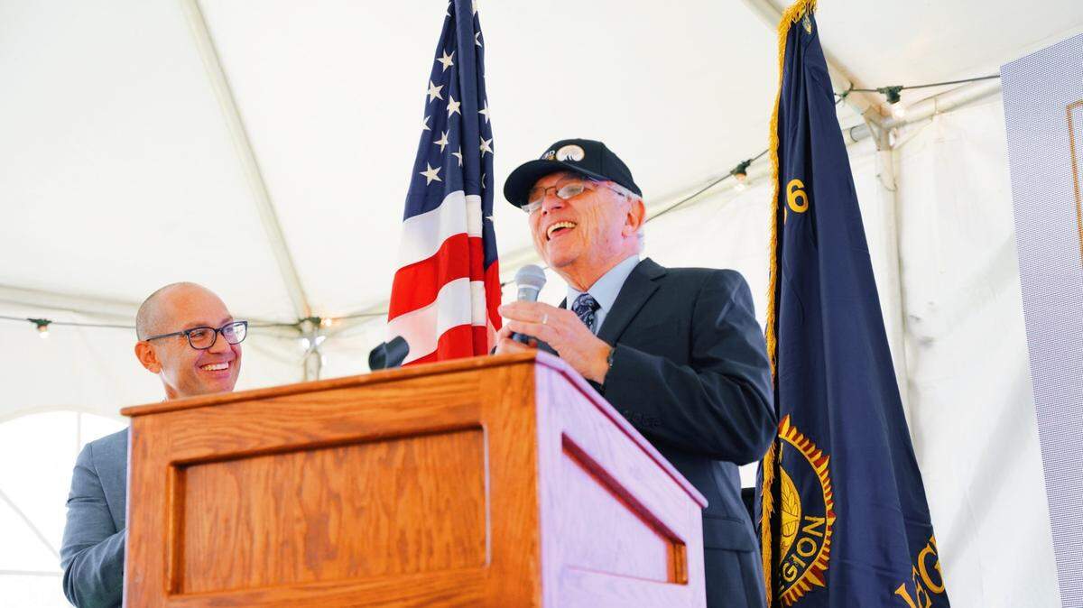 Former Los Banos Campus Dean John Spevak (right) speaks as Merced College President Chris Vitelli looks on during the Merced College Los Banos Campus 50th anniversary celebration on Friday, Nov. 5, 2021 in Los Banos, Calif.