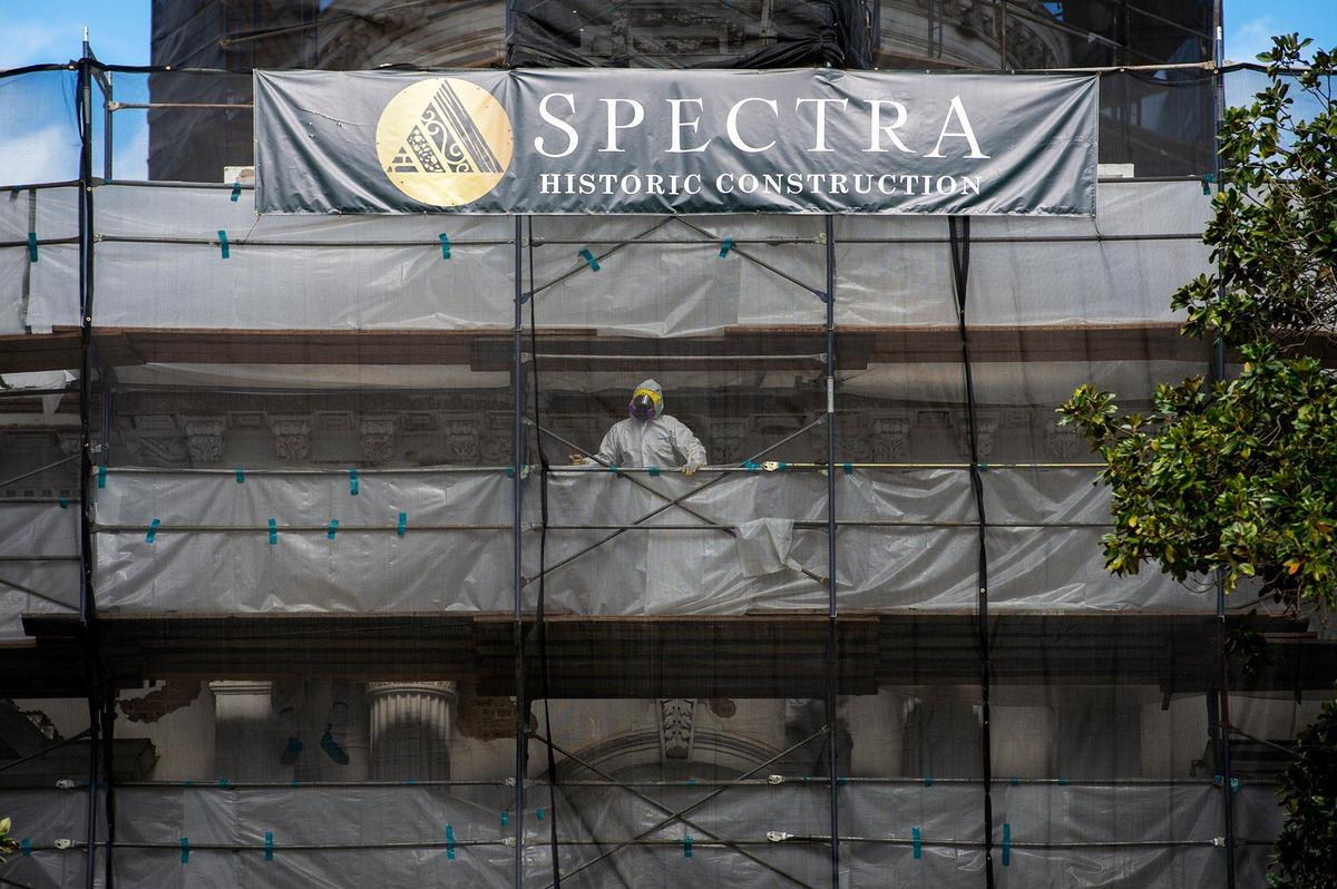 Scaffolding surrounds the Merced County Courthouse Museum as work is underway on a multi-million dollar project to restore portions of the building’s deteriorating exterior in Merced, Calif., on Thursday, March 6, 2025.