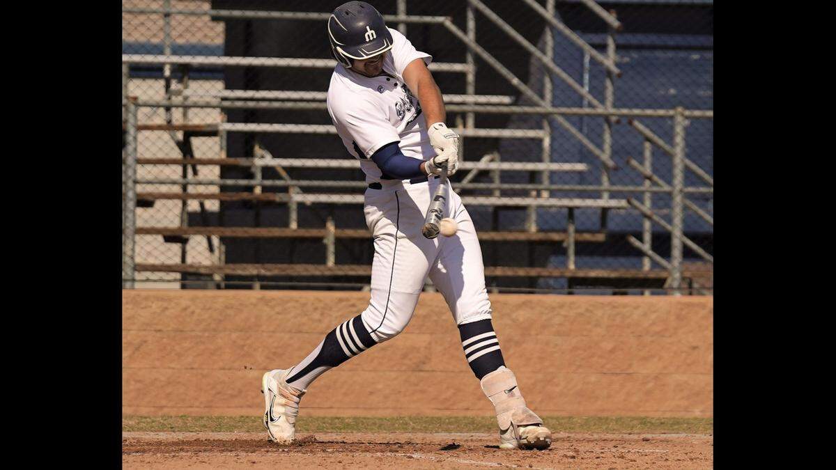 Merced College’s Fernando Ruvalcaba connects on a pitch earlier this season. The Blue Devils will host Canda College in a three-game playoff series beginning on Friday, May 5, 2023 at Blue Devil Diamond.