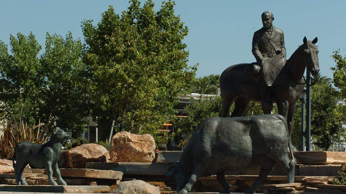 A bronze statue of Henry Miller watching over his cattle is part of the Henry Miller Plaza in downtown Los Banos. (Undated)