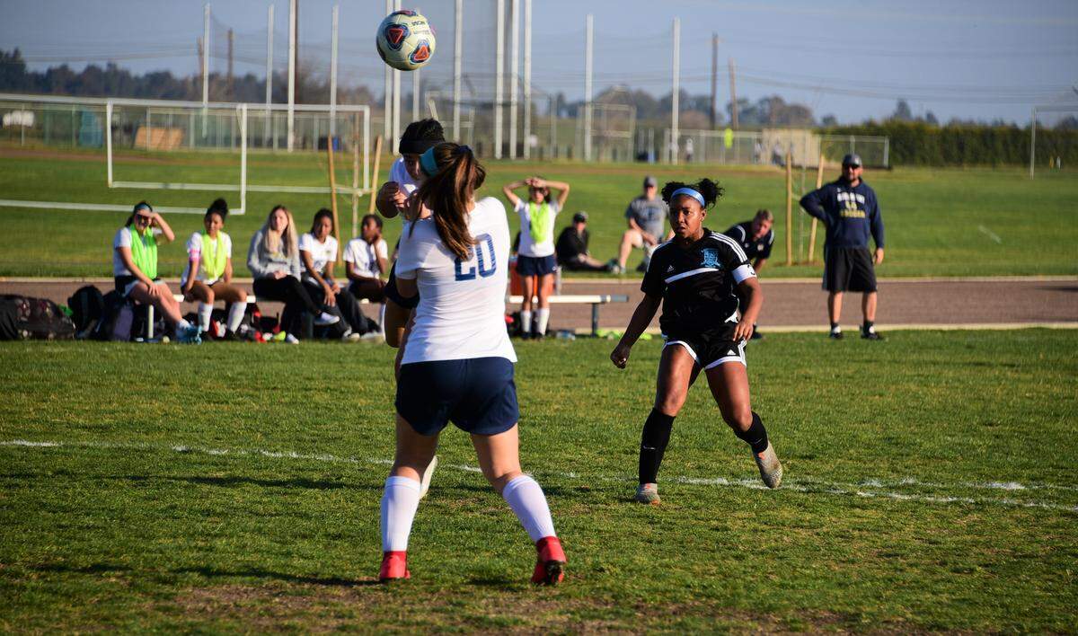 El Capitan High junior Haley Espinoza sends a ball into the net to give the Gauchos a 1-0 lead against Rosemont in a playoff match on Wednesday, Feb. 19, 2020 at El Capitan High School.