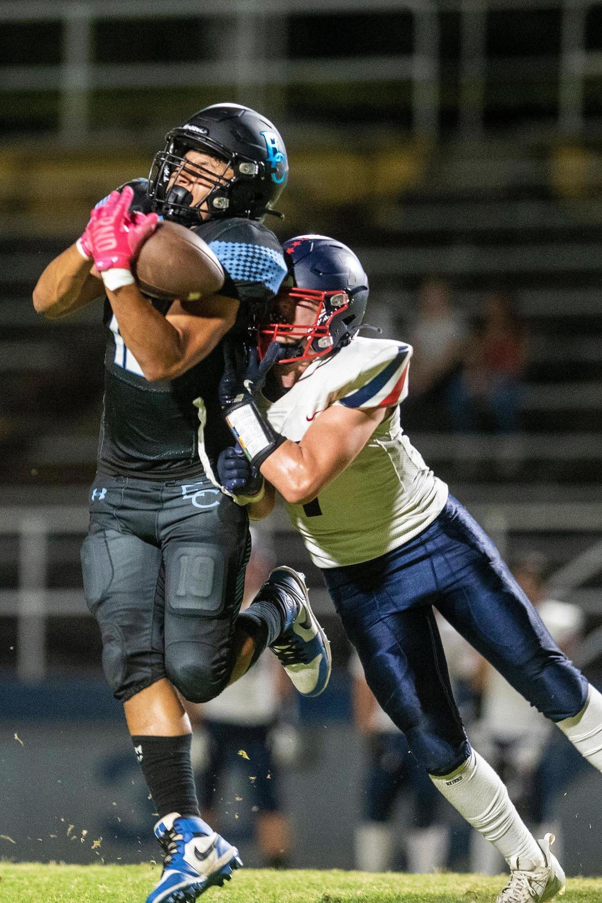 El Capitan sophomore Tyson Espinoza (19) catches a pass during a game against Beyer at Stadium 76 in Merced, Calif., on Friday, Sept. 6, 2024. The Gauchos beat the Patriots 34-0.