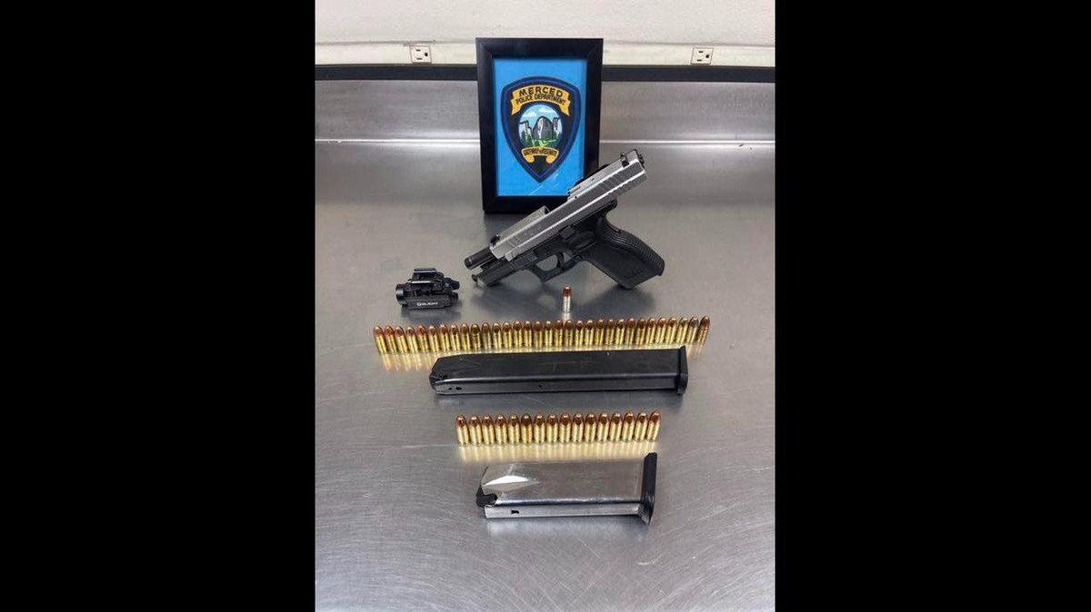Officers arrested an 18-year-old suspected gang member in Merced on Saturday, Oct. 1, 2022, after he was found with a loaded gun, high-capacity magazine and additional ammunition, according to the Merced Police Department. Image courtesy of Merced Police Department.
