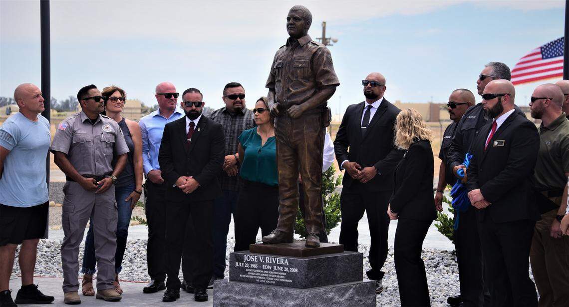 Merced-area first responders helped unveil the memorial statue of Jose V. Rivera during a ceremony on Friday, June 17, 2020 in Atwater, Calif.