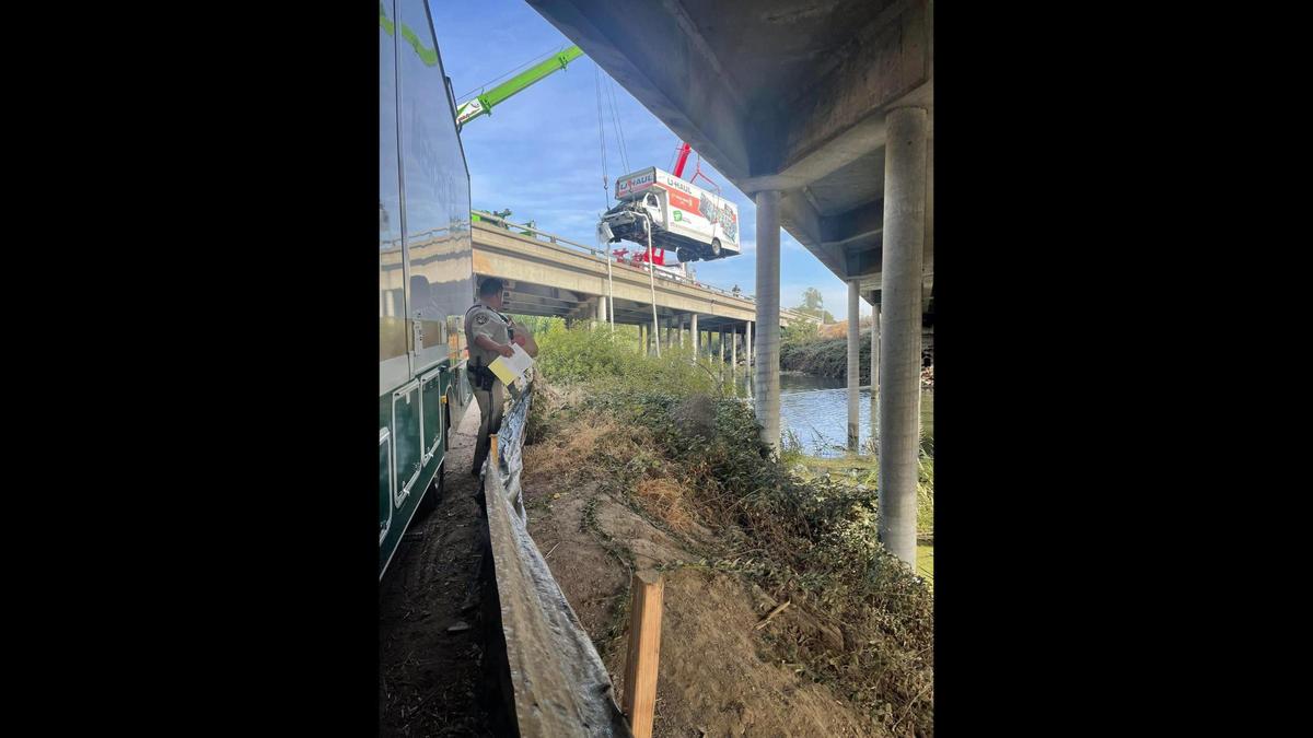 Authorities are looking for the driver a U-Haul truck that crashed into a guardrail along Highway 99 and into Bear Creek in Merced on Saturday, according to the CHP.&nbsp;&nbsp;Image courtesy of California Highway Patrol. 
