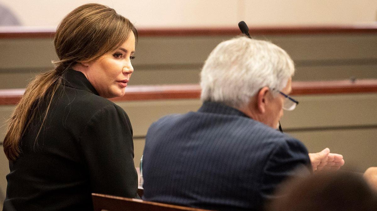 Lori Gallo, left, with attorney Peter Jones, right, during a sentencing hearing in Merced County Superior Court in Merced, Calif., on Thursday, April 6, 2023. Gallo, the wife of a San Joaquin Valley cheese tycoon, was sentenced on felony drunk driving charges after causing a collision involving multiple vehicles in Merced on Jan. 22, 2022.