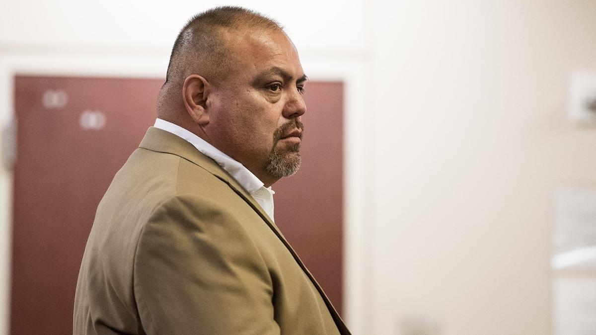Merced County Supervisor Rodrigo Espinoza, 50, appears before Judge Steven Slocum during a pre-trial conference at the Merced County Superior Courthouse in Merced, Calif., on Friday, Sept. 28, 2018. Espinoza has been accused of inappropriately trying to kiss, hold hands with and smell the hair of a woman he met with in April to discuss county business, according to Merced Police Department investigators. Espinoza was charged in July with one count of misdemeanor battery.