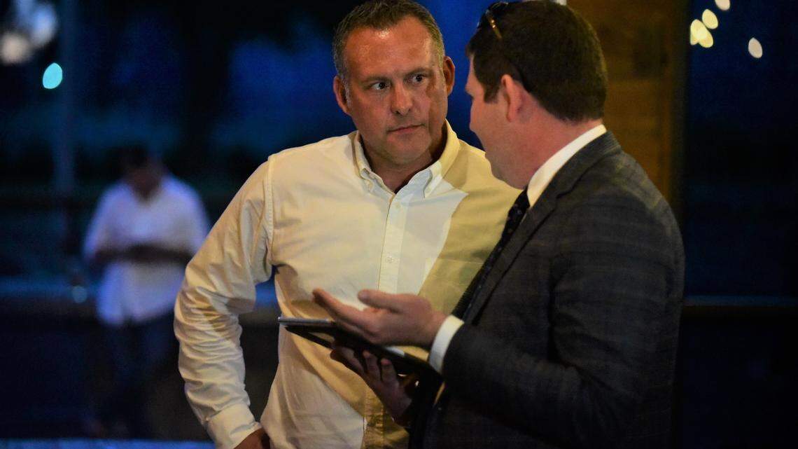 Democrat Adam Gray receives 13th Congressional District primary election results update from campaign volunteer Adam Capper during Gray’s election night viewing party at The Tarmac in Atwater, Calif. on Tuesday, June 7.