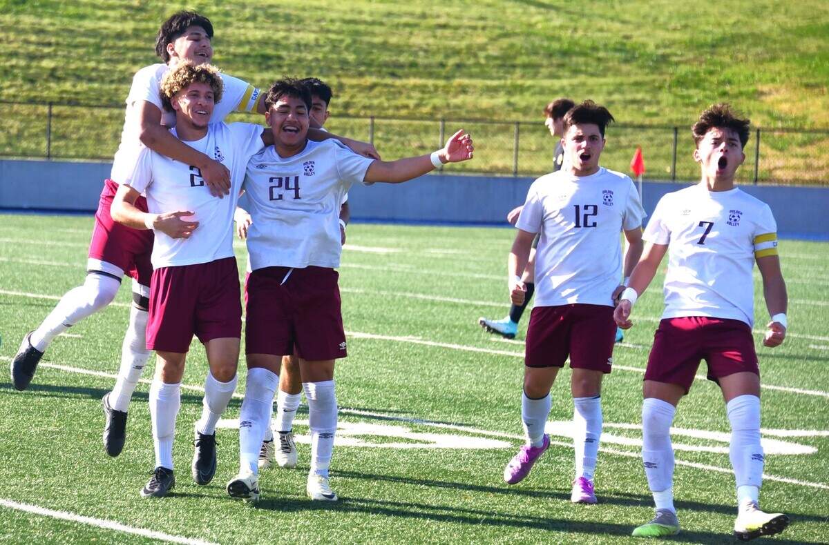 The Golden Valley High boys soccer players celebrate after No. 24 Jose Ontiveros scored the first goal of the Cougars’ 4-2 win over Del Oro in the Sac-Joaquin Section Division II championship match at Cosumnes River College in Sacramento, Calif. on Saturday, Feb. 24, 2024.