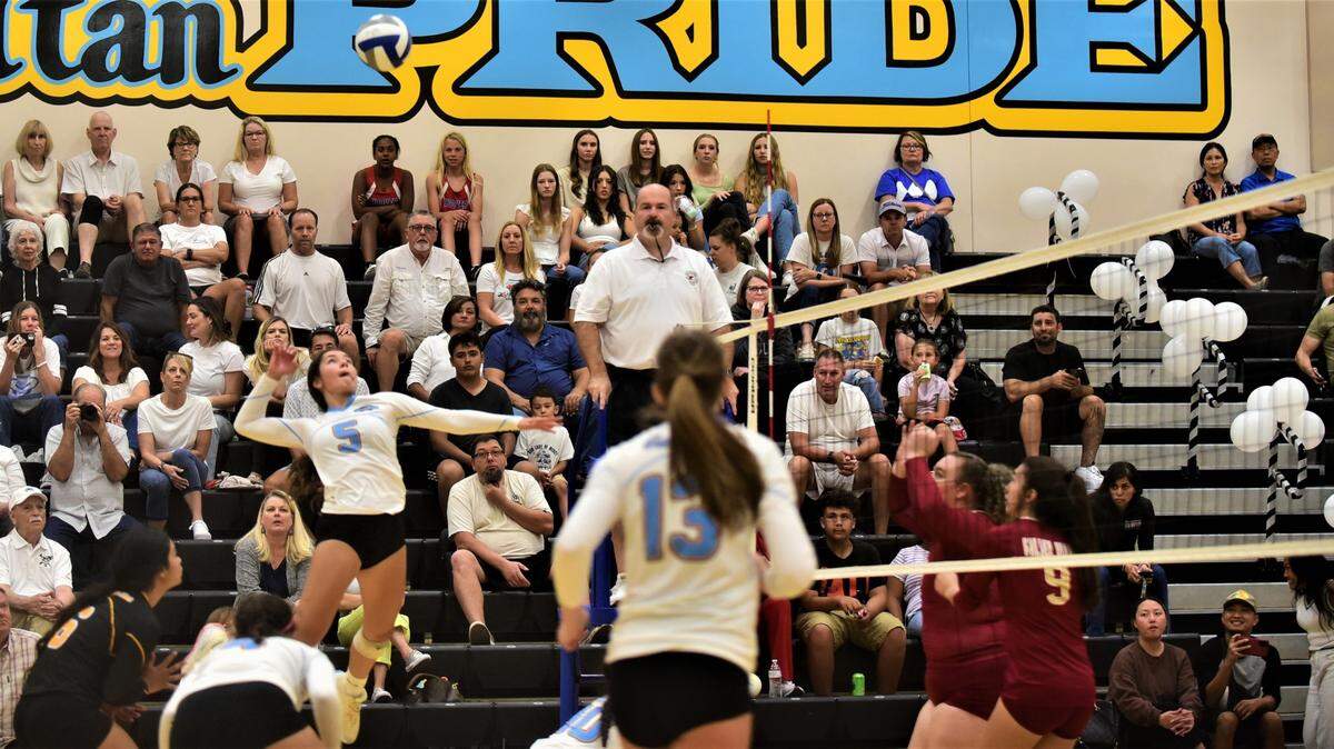 El Capitan High senior Hanna Moradzadeh hits the ball during the Gauchos’ 3-0 win over Golden Valley on Wednesday, Sept. 21, 2022 at El Capitan High School.