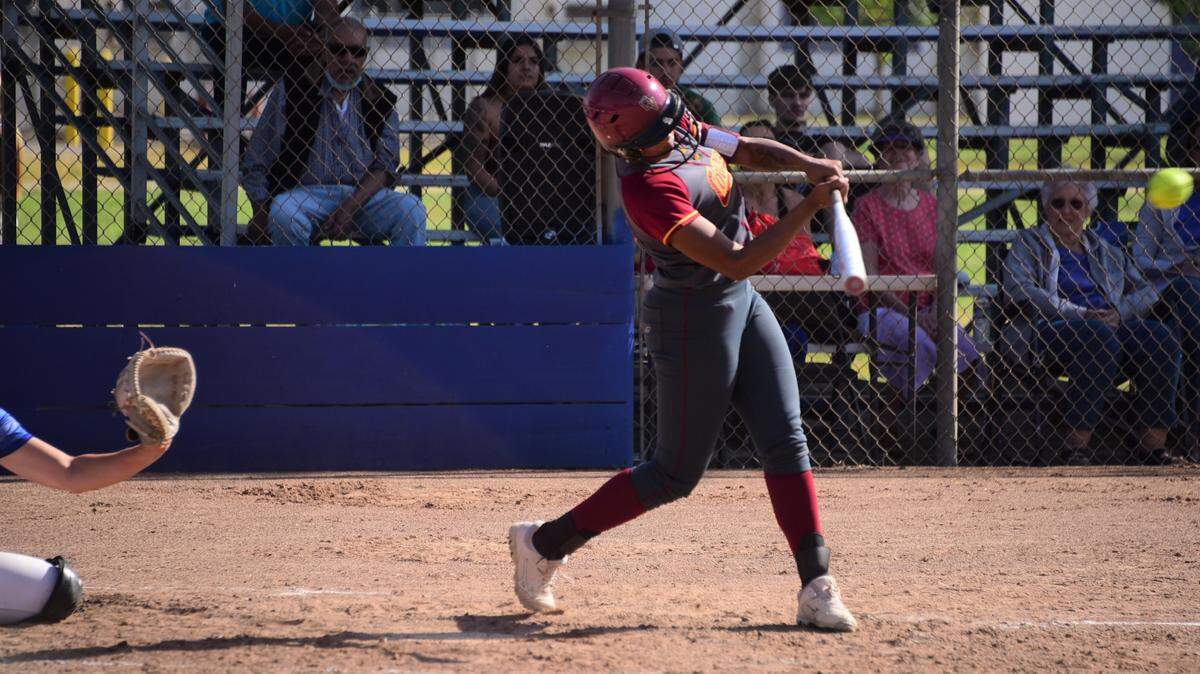 Golden Valley junior Naomi Moore hits a double during a 4-2 win against Atwater on Wednesday, April 21, 2021 in Atwater, Calif.
