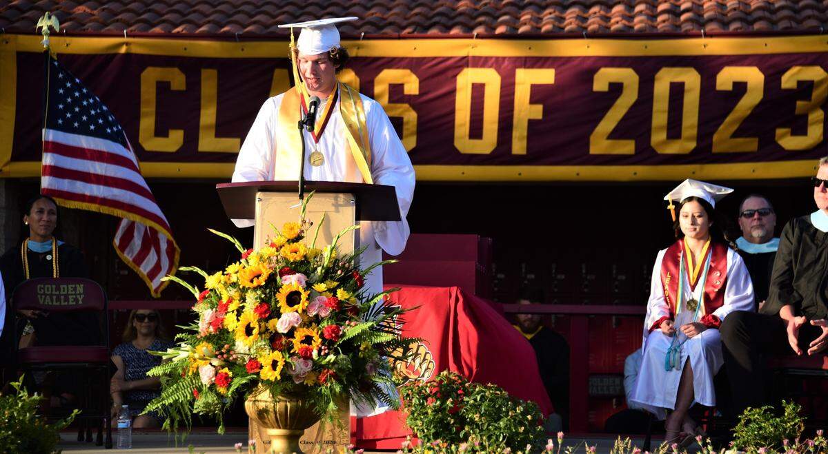 Golden Valley High School graduate Cooper Hansen addresses the crowd during the school’s graduation ceremony on Thursday, June 1, 2023.