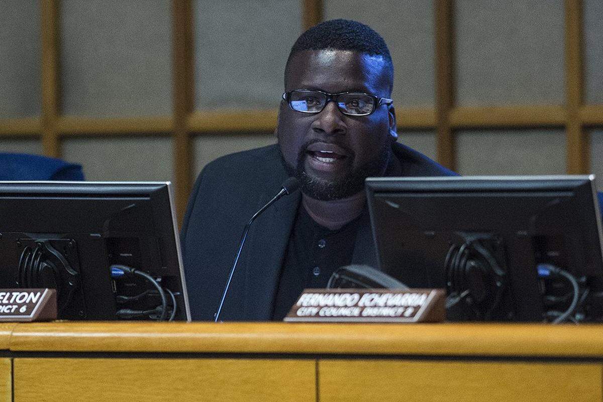 Merced City Council member Delray Shelton speaks during a Merced City Council study session to allow direction on the proposed police headquarters and fire facility at the Merced Civic Center in Merced, Calif., on Monday, Sept. 30, 2019.