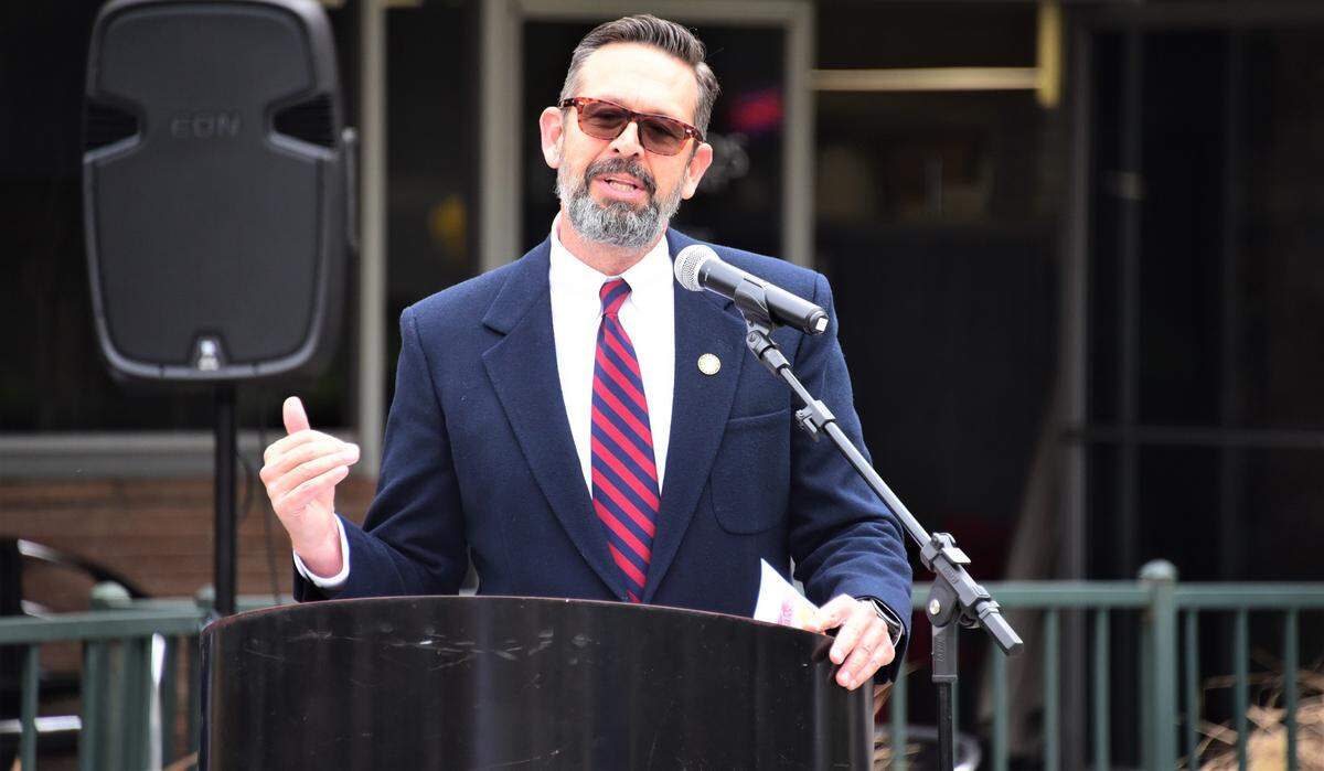 Merced County Supervisor Daron McDaniel speaks during the opening ceremonies of the Veterans Day Parade on Thursday, Nov. 11, 2021, at Bob Hart Square in downtown Merced.