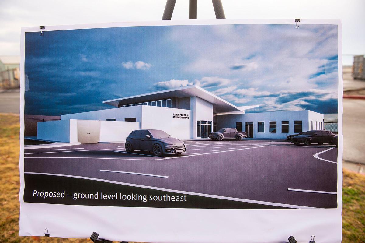 A rendering of a proposed $17 million terminal replacement project is displayed during a groundbreaking ceremony at the Merced Yosemite Regional Airport in Merced, Calif., on Thursday, Dec. 21, 2023. The project will include updates to the existing 1940s-era terminal as well as the construction of a new energy-efficient and sustainable facility.