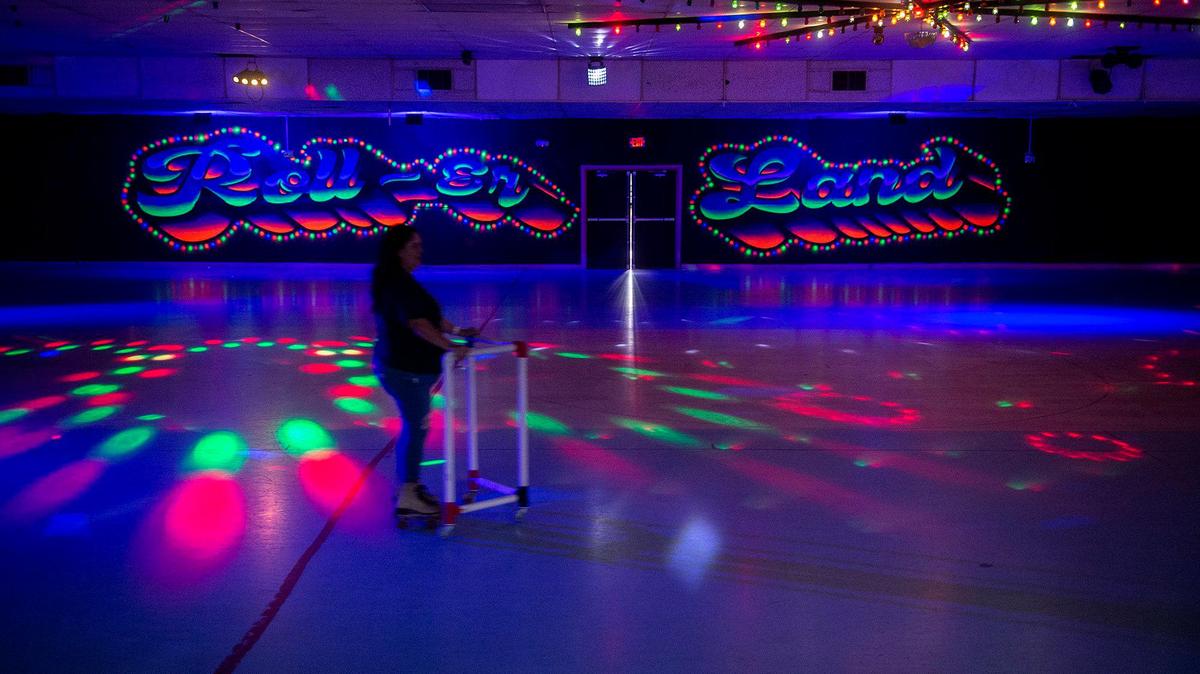 Skaters make their way around the rink at Roll-er Land in Merced, Calif., on Sunday, Oct. 27, 2024