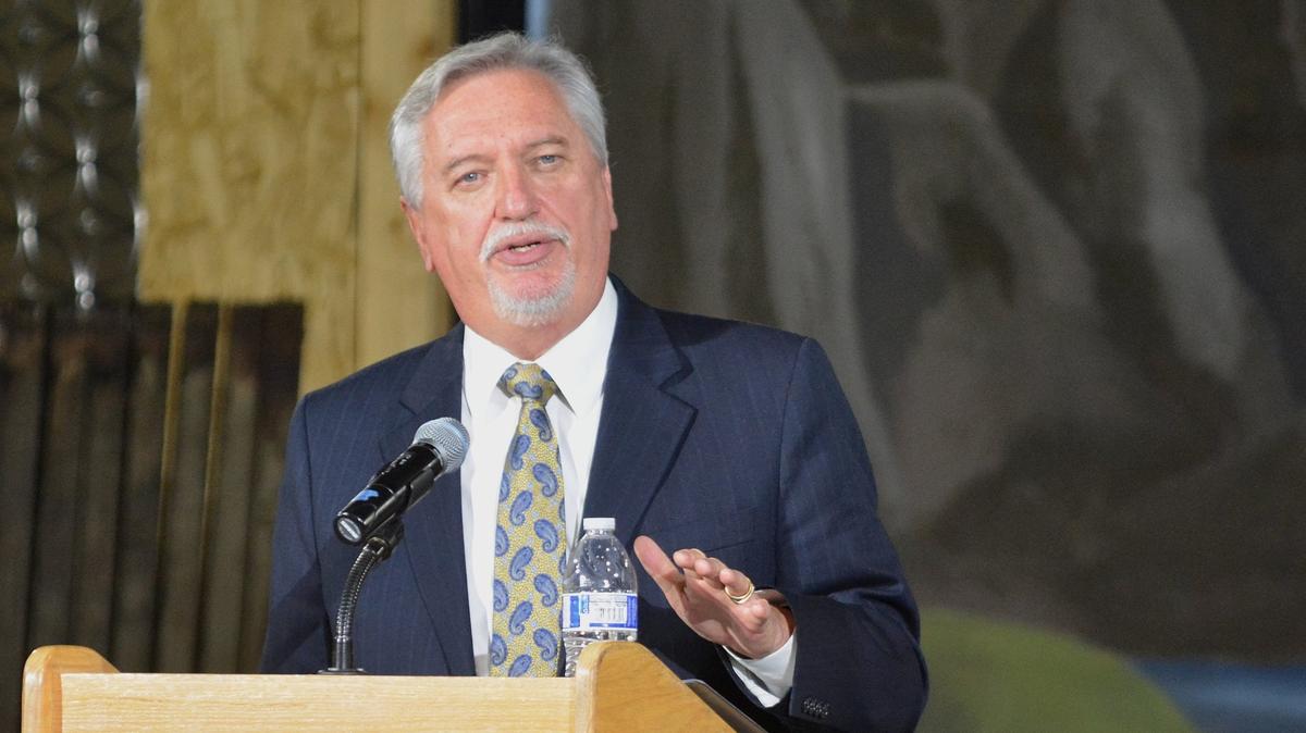 Merced County Superintendent of School Steve Tietjen talks about the 2018 Merced County Schools Annual Education Report on Wednesday, Jan. 23, 2019, at Yosemite Church for the annual schools report luncheon.