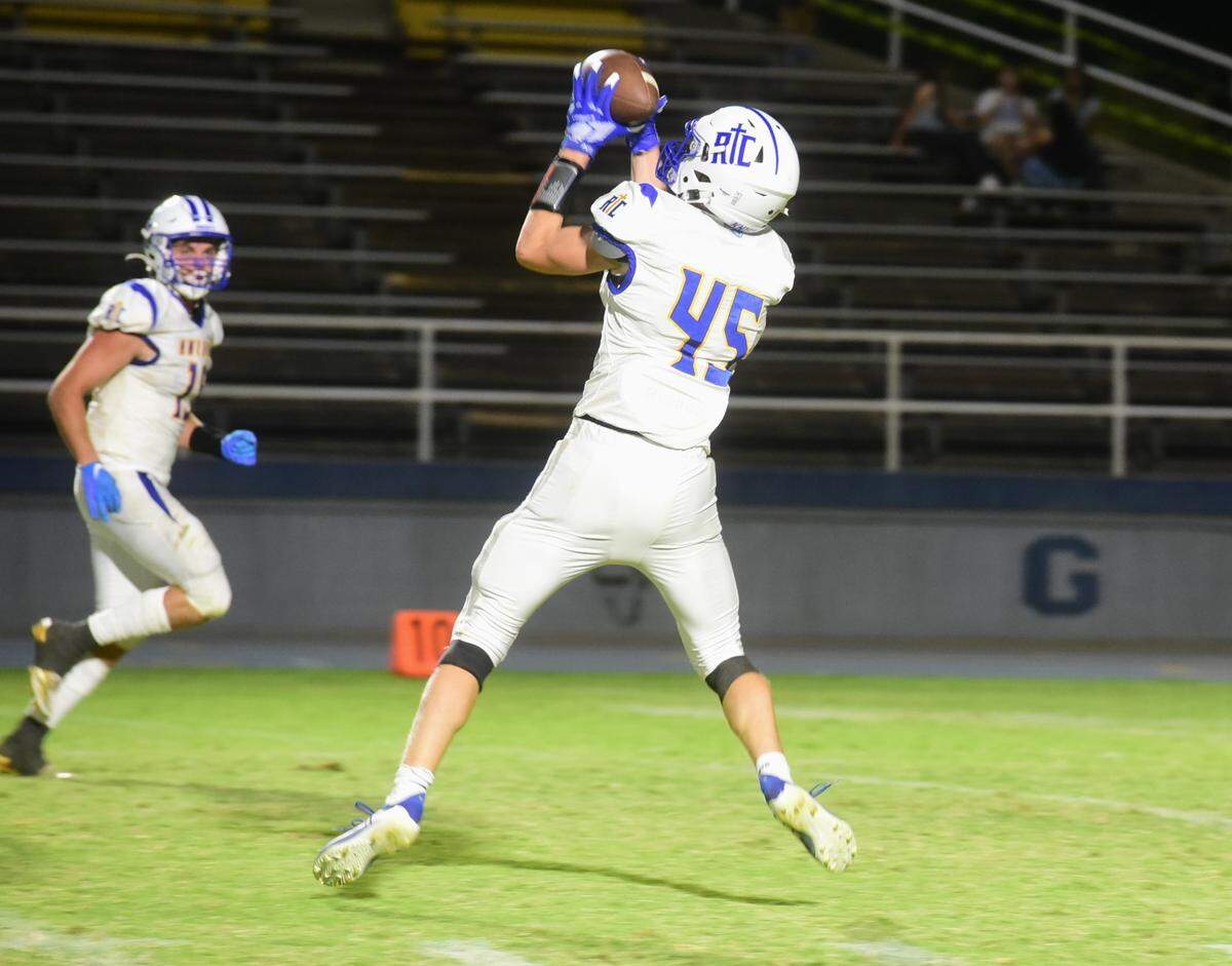 Ripon Christian High tight end Isaiah Vander Woude (45) hauls in a pass during a game against El Capitan on Friday, Aug. 30, 2024 at Merced College.