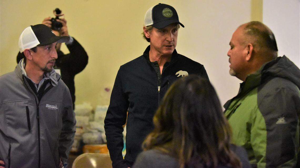 Governor Gavin Newsom speaks to local leaders during a visit to Merced on Saturday, Jan. 14, 2023 at the Merced County Fairgrounds.