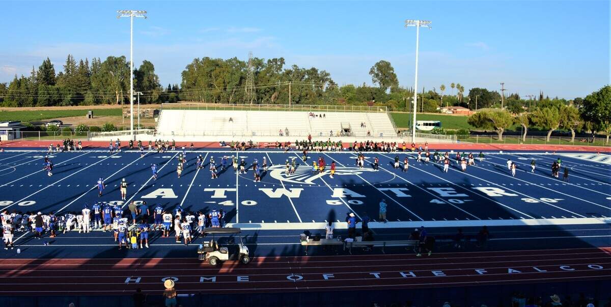 New artificial turfs were installed this year at Atwater and Golden Valley high school football stadiums. Atwater opted for a blue turf.