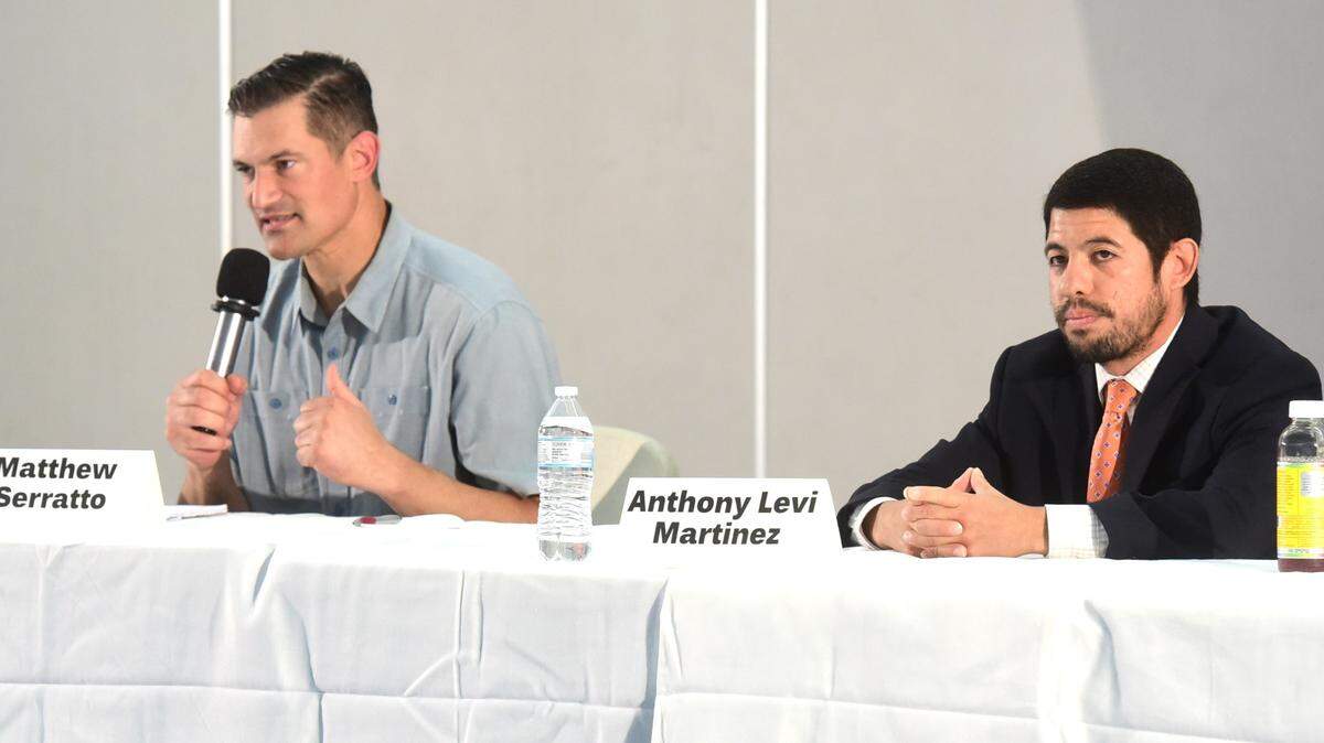 Merced mayoral candidates Matthew Serratto (left) and Anthony Levi Martinez spoke during a candidate forum held on Saturday, Sept. 14, 2024 at the Merced Boys & Girls Club.