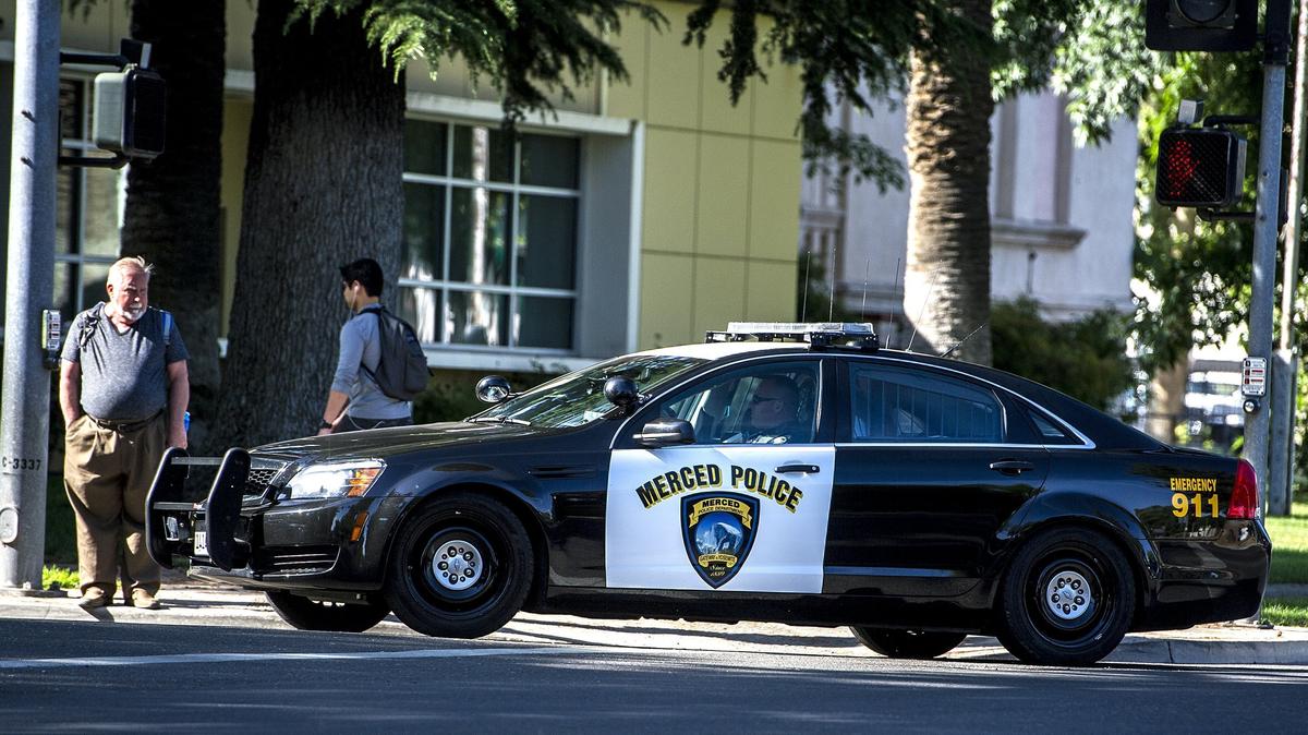 A Merced Police cruiser turns onto West 21st Street in downtown Merced, Calif., Tuesday, May 12, 2015. Merced Police said a DUI and driver’s license checkpoint will be set up at an undisclosed location in the city on St. Patrick’s Day.
