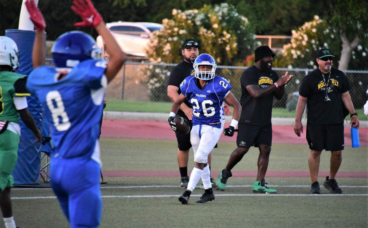 Atwater High School receiver Nicholas Mendoza celebrates after catching a touchdown during a scrimmage against Roosevelt High School on Friday, Aug. 12, 2022 at Dave Honey Stadium in Atwater, Calif.