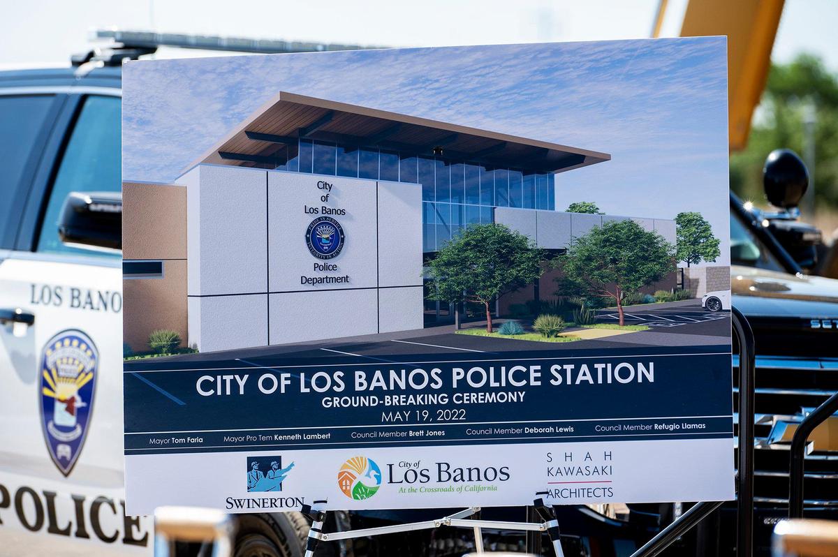 A rendering of the new Los Banos police station on display during a groundbreaking ceremony in Los Banos, Calif., on Thursday, May 19, 2022. The site is located at 1111 G Street.