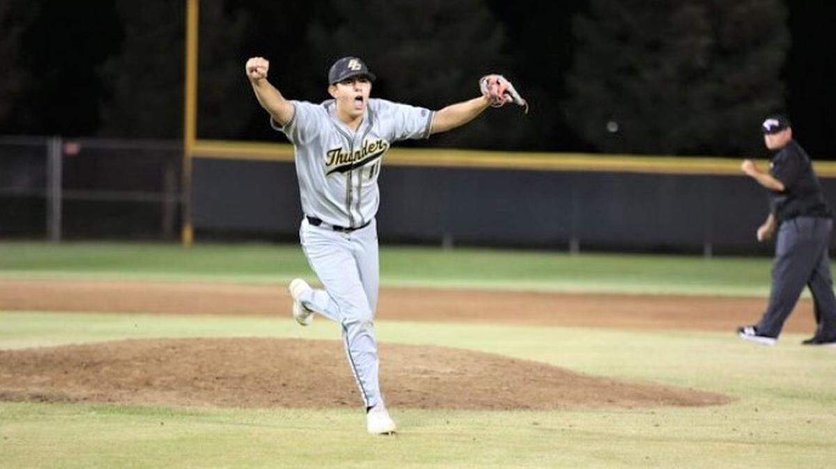 North pitcher Spencer Lanz (Buhach Colony) celebrates after striking out the final batter to preserve a 5-4 victory for the North in the 12th annual Merced County All-Star Game at Merced College on Saturday, June 4, 2022.