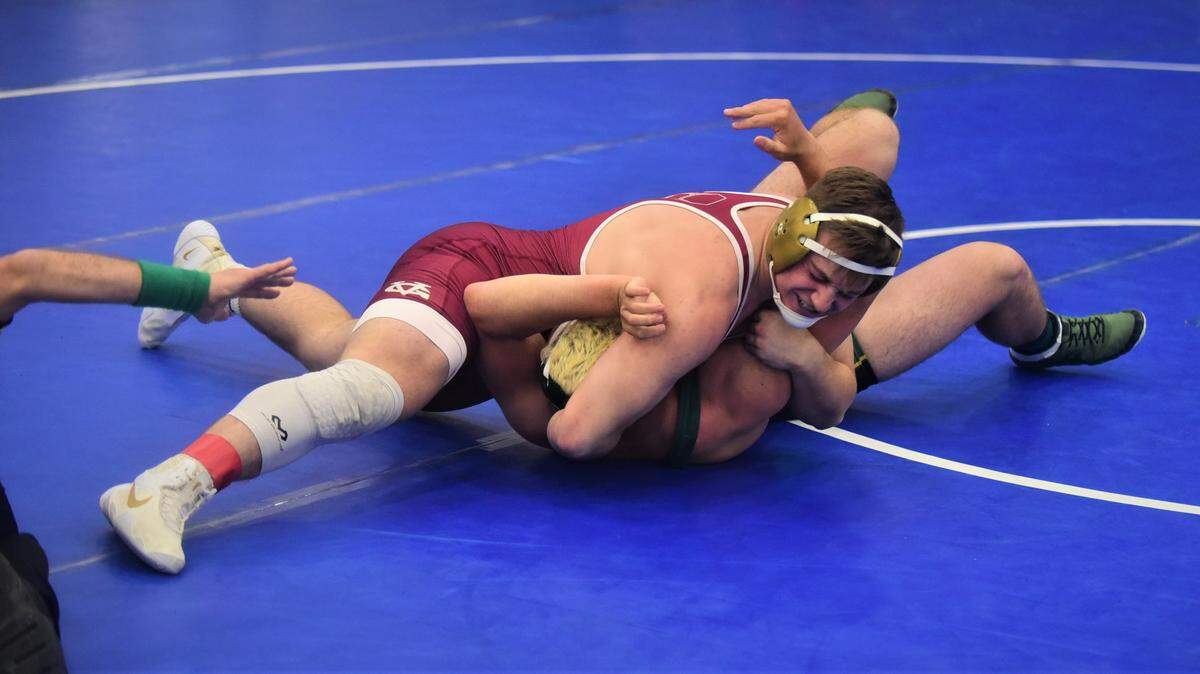 Golden Valley senior Josh Hickman works for a pin against Hilmar’s Luis Flores in the 201-pound championship match on Wednesday, June 9, 2021 during the Central California Conference tournament at Atwater High in Atwater. Calif.