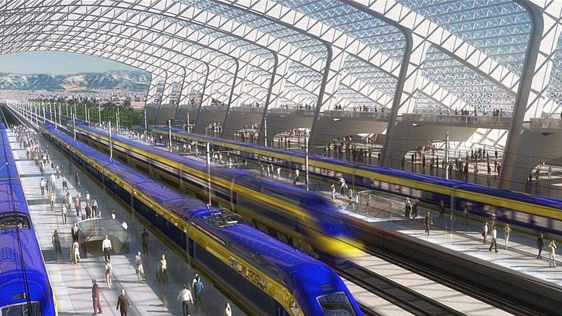 Interior view of a concept for a large high-speed rail station.
