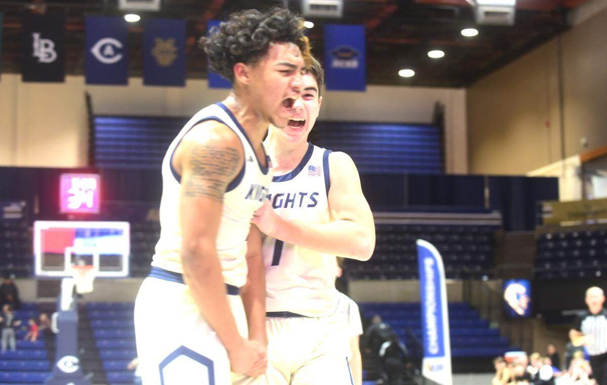 Stone Ridge Christian sophomore Daijon O’Neil reacts after scoring a basket and drawing a foul during a section championship game against Valley Christian on Friday, Feb. 24, 2024 at UC Davis.