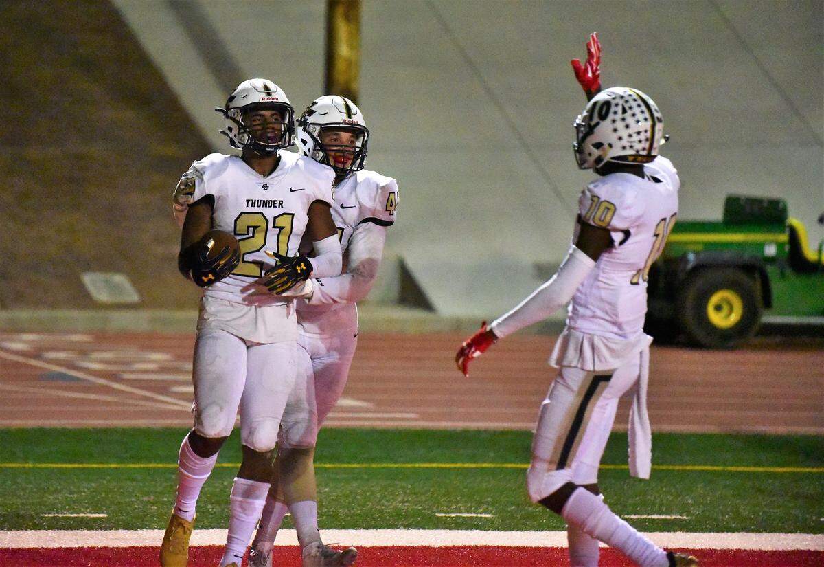 Buhach Colony senior Trey Paster celebrates a touchdown reception with teammates. Paster scored three touchdowns during the Thunder’s 37-21 win over Patterson on Friday, Sept. 20, 2019.
