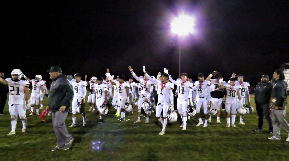 The Le Grand High football players thank their fans for making the six-hour trip to McArthur for the Northern California Regional Division VII-AA Championship game against Fall River on Saturday, Dec. 4, 2021. Fall River defeated Le Grand 42-21.